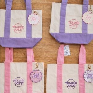 Trader Joe's Canvas Tote Bags in Purple and Pink with personalized key chain